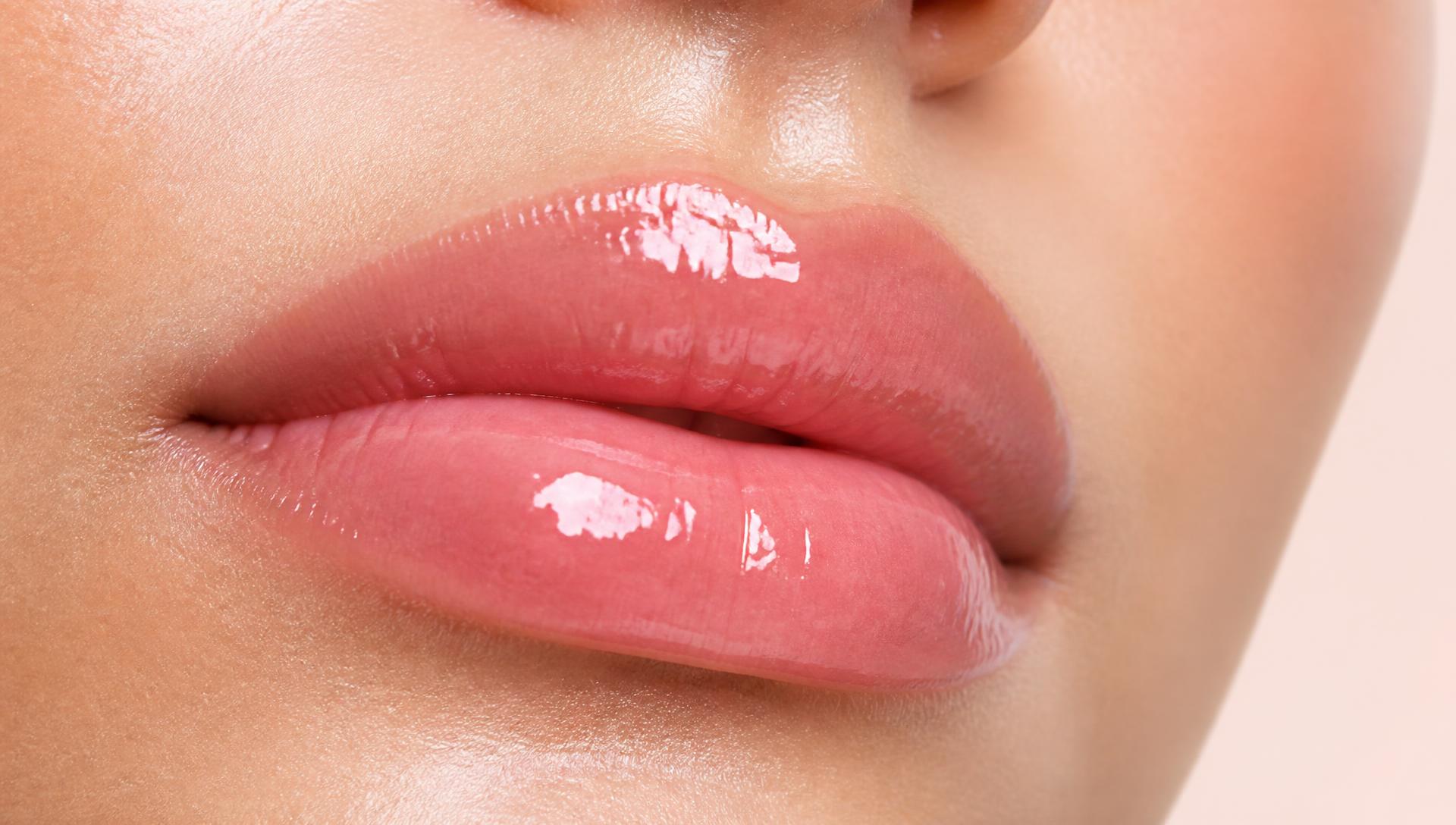 Macro close-up of full lips with mirror-shine clear pink gloss