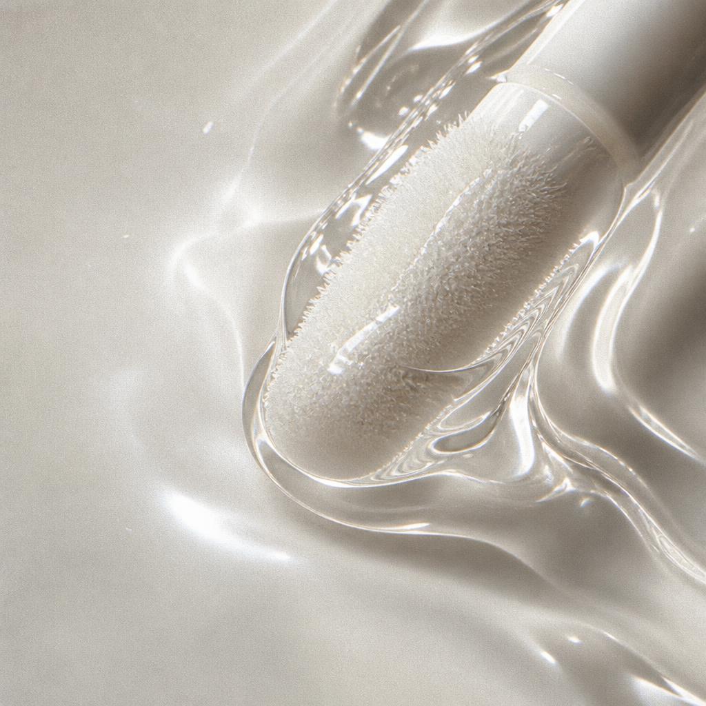 Oversized unbranded applicator passing through a pool of clear high-shine lip oil