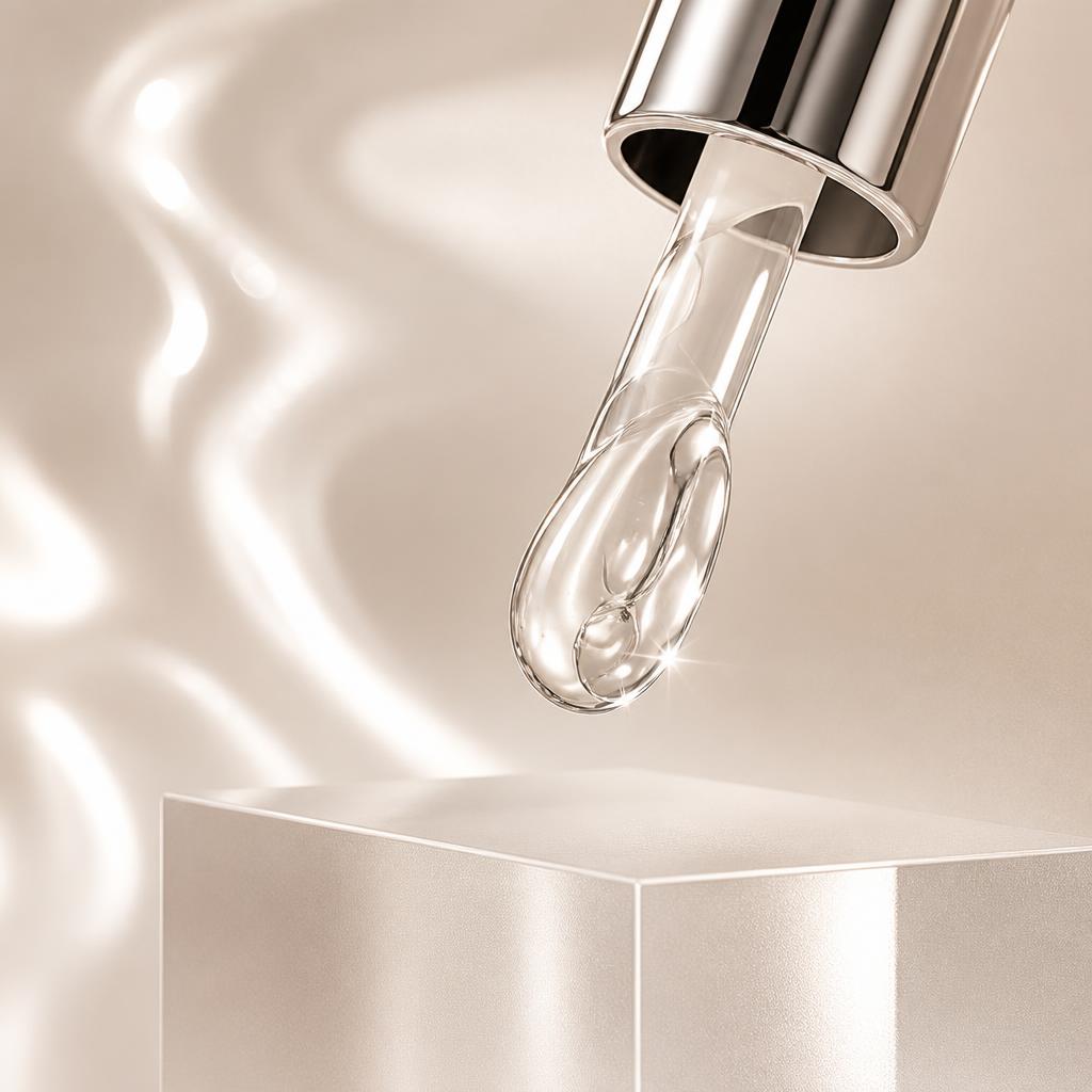Cropped chrome applicator stem holding clear gloss above a frosted acrylic pedestal